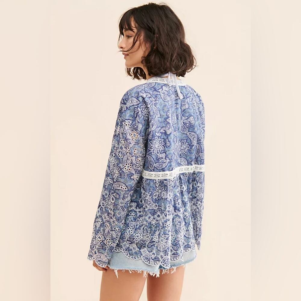 Free People Anissa Bed Jacket Eyelet Lace Tie Front Blue Combo Size S Beach Boho - Picture 5 of 15